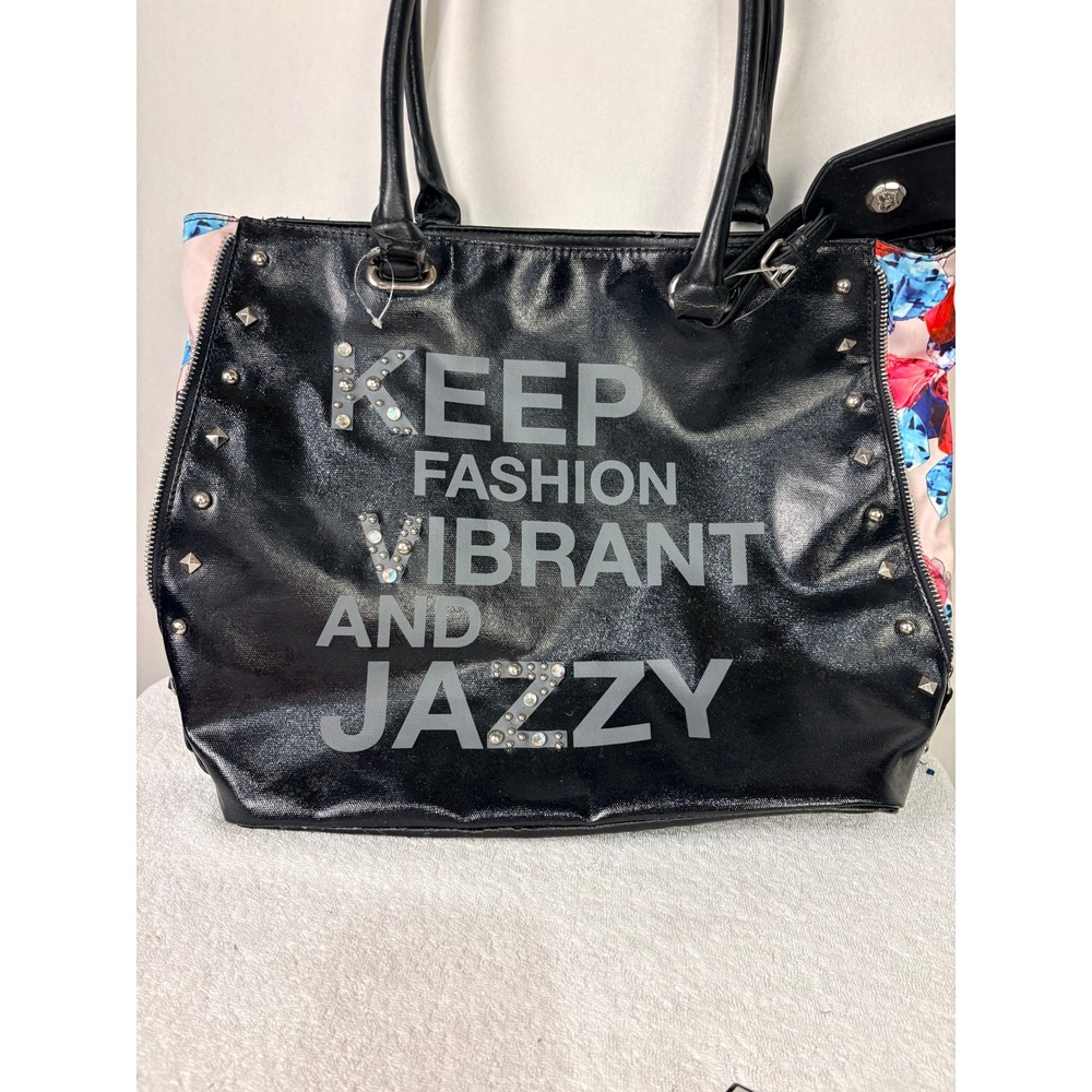 Black Faux Leather Tote Bag Keep Fashion Vibrant Jazzy Studded Floral Side